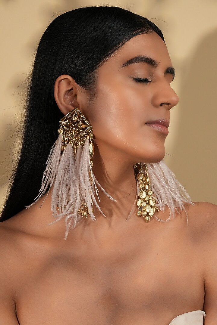 Gold Finish Peach Feather & Crystal Dangler Earrings by Bijoux By Priya Chandna at Pernia's Pop Up Shop