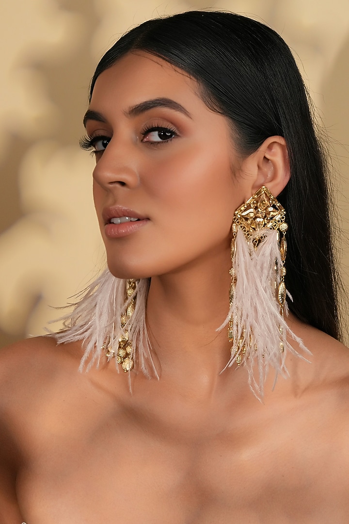 Gold Finish Peach Feather & Crystal Dangler Earrings by Bijoux By Priya Chandna at Pernia's Pop Up Shop