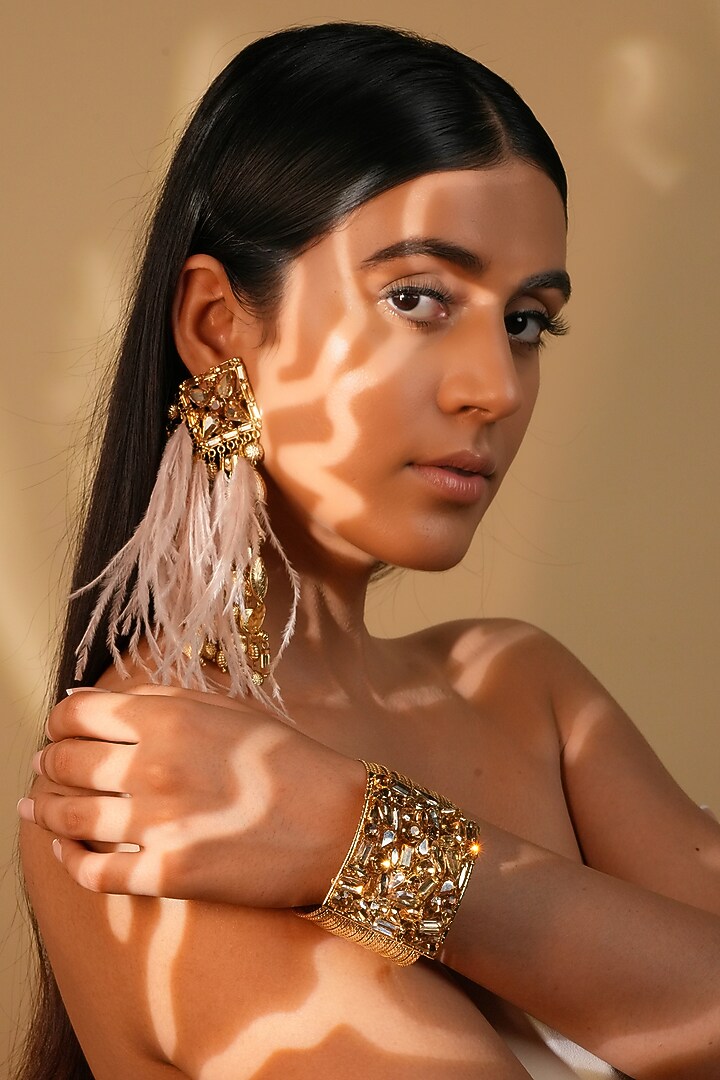 Gold Finish Peach Feather & Crystal Dangler Earrings by Bijoux By Priya Chandna at Pernia's Pop Up Shop