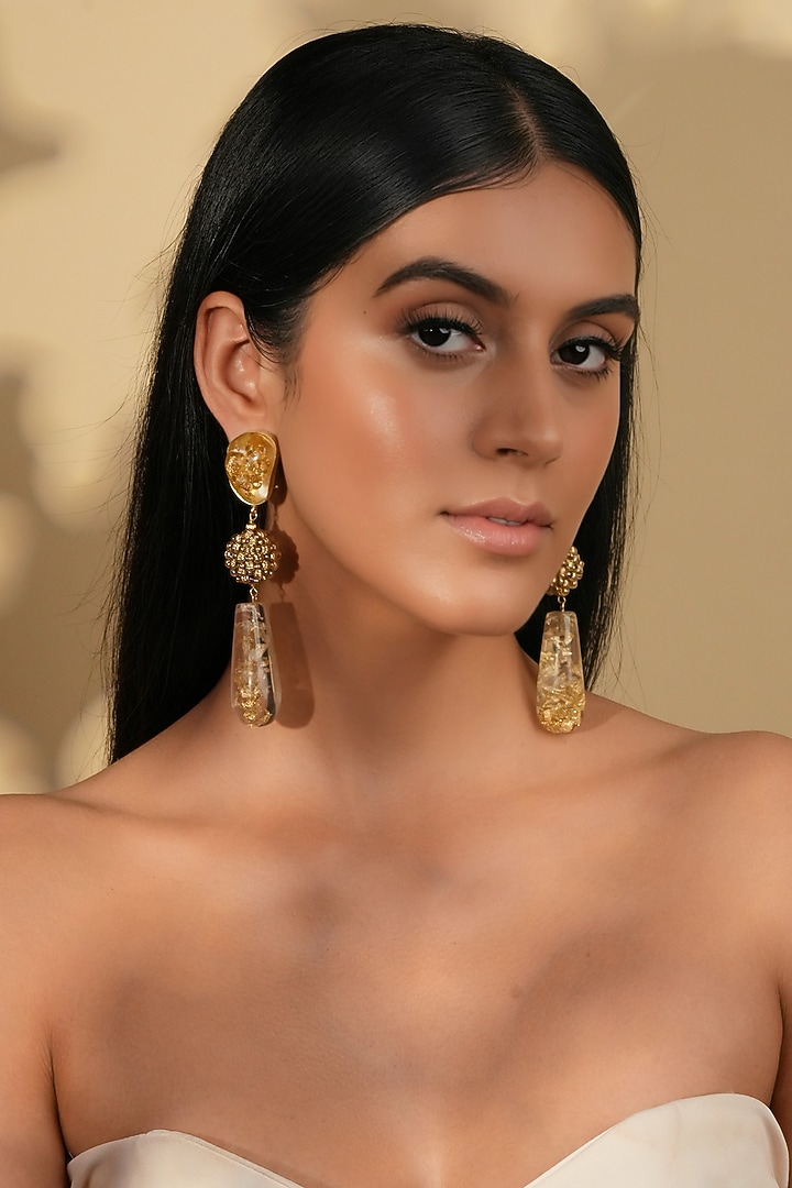 Gold Finish Resin & Foiling Textured Dangler Earrings by Bijoux By Priya Chandna at Pernia's Pop Up Shop