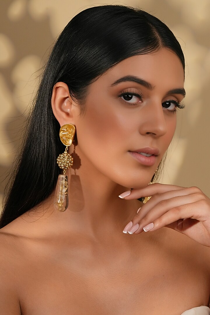 Gold Finish Resin & Foiling Textured Dangler Earrings by Bijoux By Priya Chandna at Pernia's Pop Up Shop
