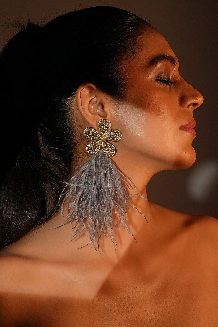 Gold Finish Grey Feather & Crystal Dangler Earrings by Bijoux By Priya Chandna at Pernia's Pop Up Shop