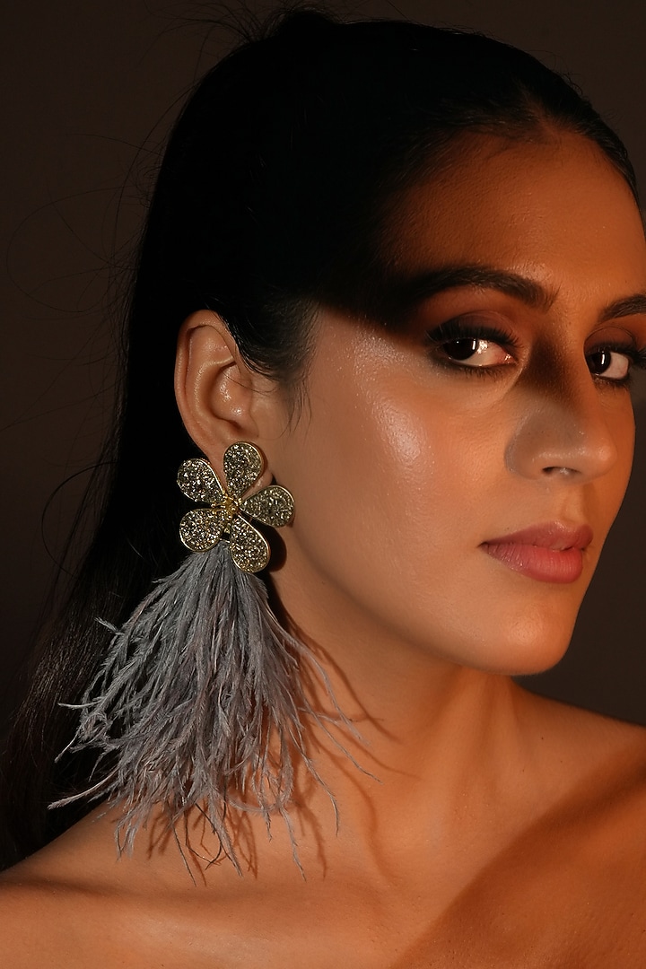 Gold Finish Grey Feather & Crystal Dangler Earrings by Bijoux By Priya Chandna at Pernia's Pop Up Shop