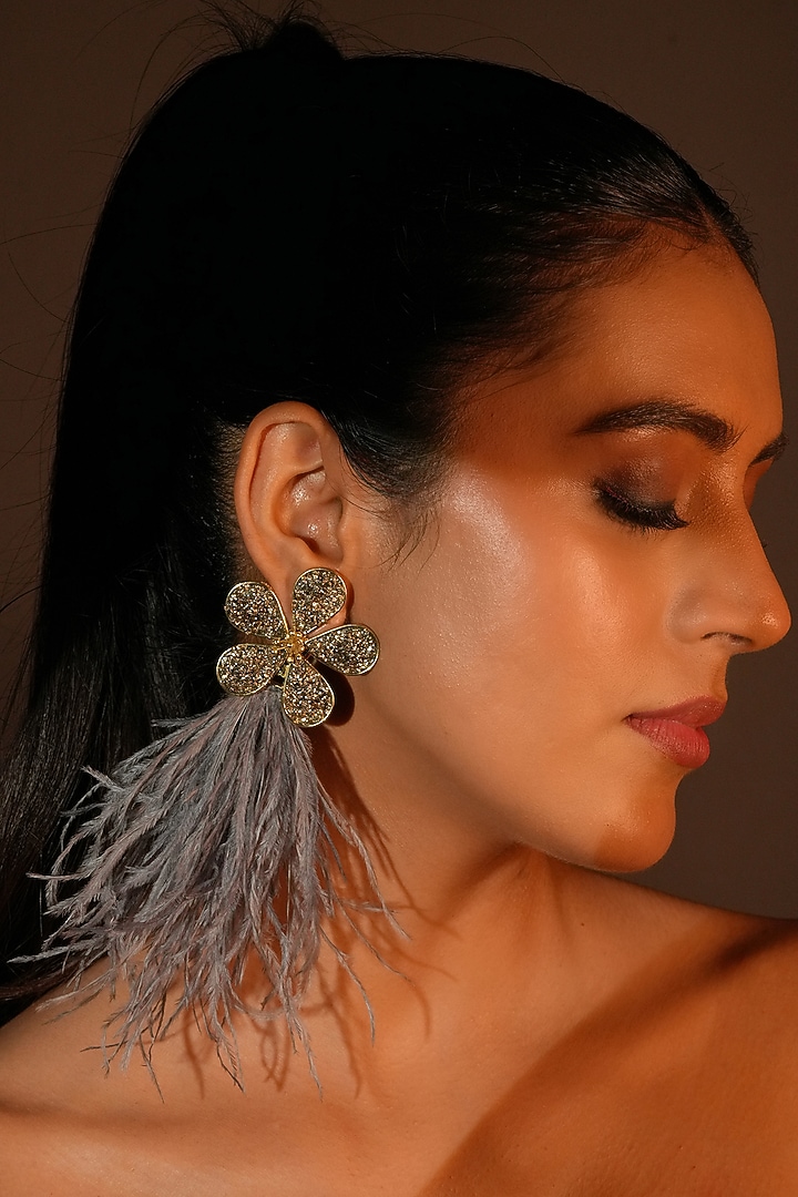 Gold Finish Grey Feather & Crystal Dangler Earrings by Bijoux By Priya Chandna at Pernia's Pop Up Shop