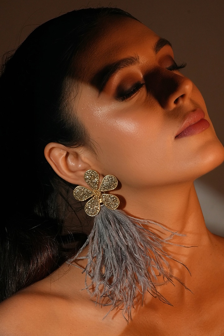 Gold Finish Grey Feather & Crystal Dangler Earrings by Bijoux By Priya Chandna at Pernia's Pop Up Shop