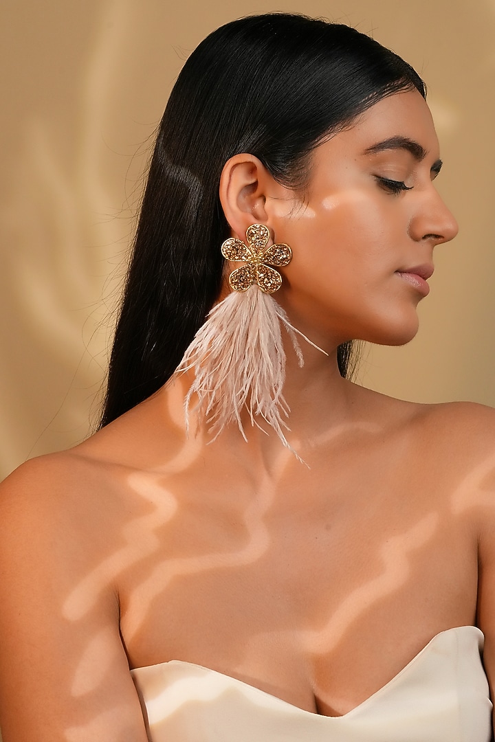 Gold Finish Nude Feather & Crystal Dangler Earrings by Bijoux By Priya Chandna at Pernia's Pop Up Shop