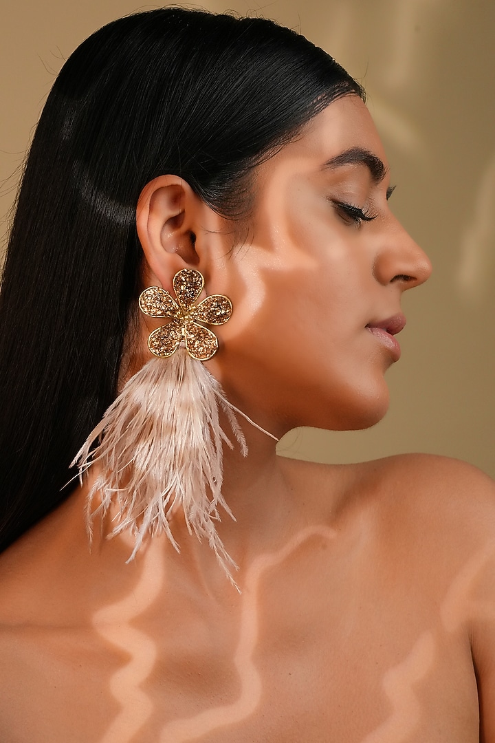 Gold Finish Nude Feather & Crystal Dangler Earrings by Bijoux By Priya Chandna at Pernia's Pop Up Shop