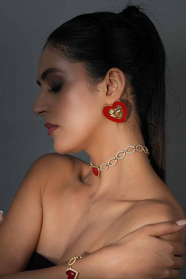 Gold Finish Crystal & Red Enameled Heart Choker Necklace by Bijoux By Priya Chandna at Pernia's Pop Up Shop
