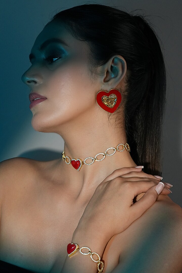 Gold Finish Crystal & Red Enameled Heart Choker Necklace by Bijoux By Priya Chandna at Pernia's Pop Up Shop