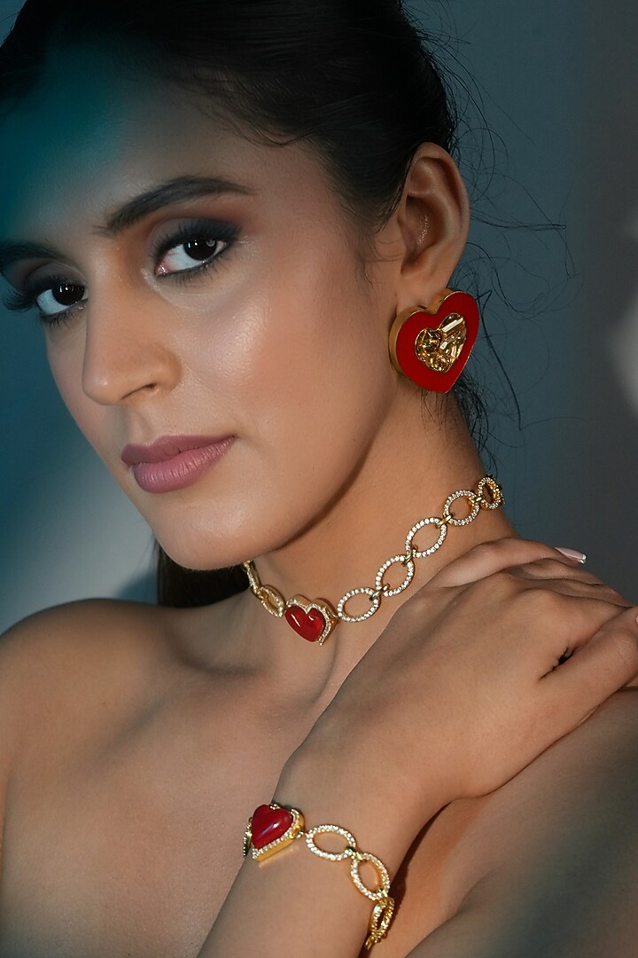Gold Finish Crystal & Red Enameled Heart Choker Necklace by Bijoux By Priya Chandna at Pernia's Pop Up Shop