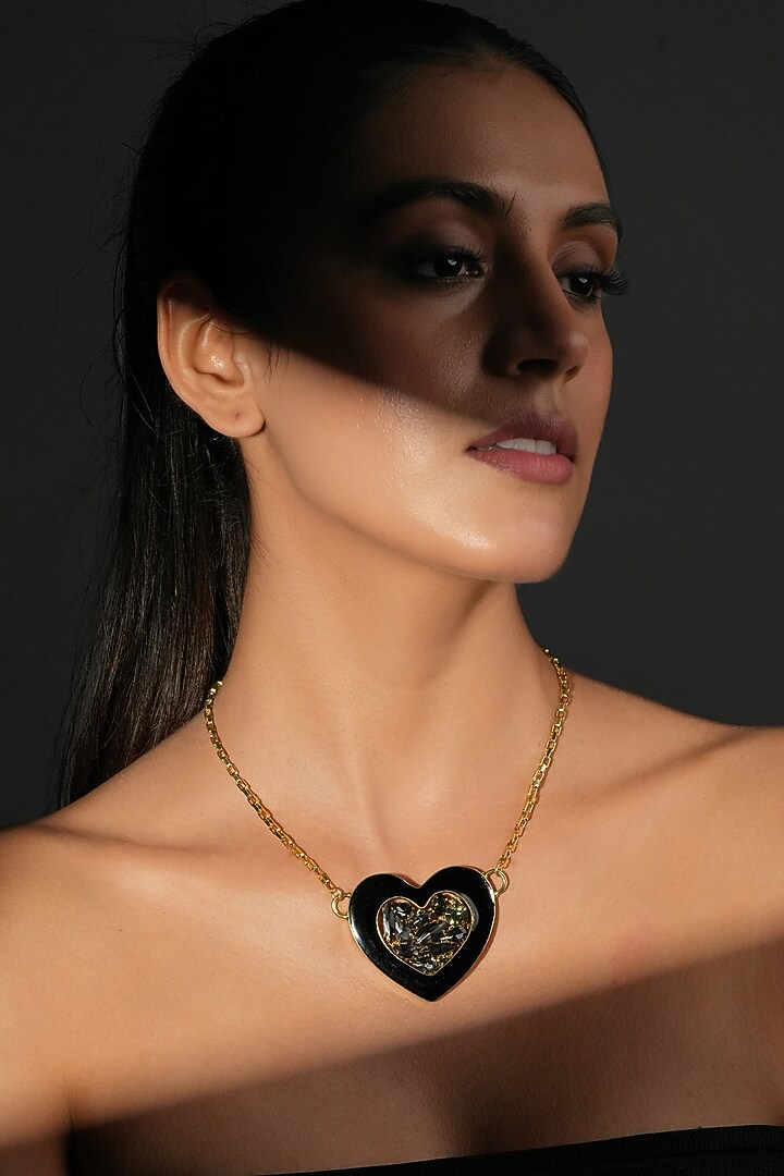 Gold Finish Crystal & Black Enameled Heart Pendant Necklace by Bijoux By Priya Chandna at Pernia's Pop Up Shop