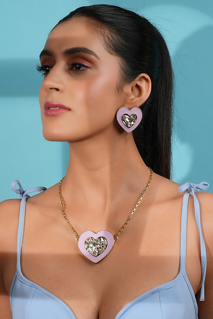 Gold Finish Crystal & Lilac Enameled Heart Pendant Necklace by Bijoux By Priya Chandna at Pernia's Pop Up Shop