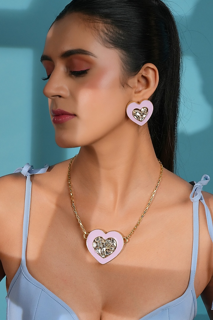 Gold Finish Crystal & Lilac Enameled Heart Pendant Necklace by Bijoux By Priya Chandna at Pernia's Pop Up Shop