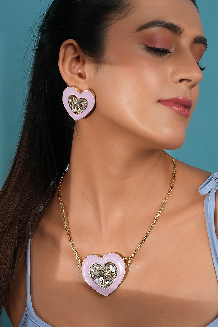 Gold Finish Crystal & Lilac Enameled Heart Pendant Necklace by Bijoux By Priya Chandna at Pernia's Pop Up Shop