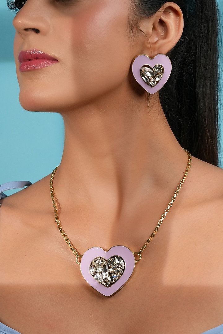 Gold Finish Crystal & Lilac Enameled Heart Pendant Necklace by Bijoux By Priya Chandna at Pernia's Pop Up Shop