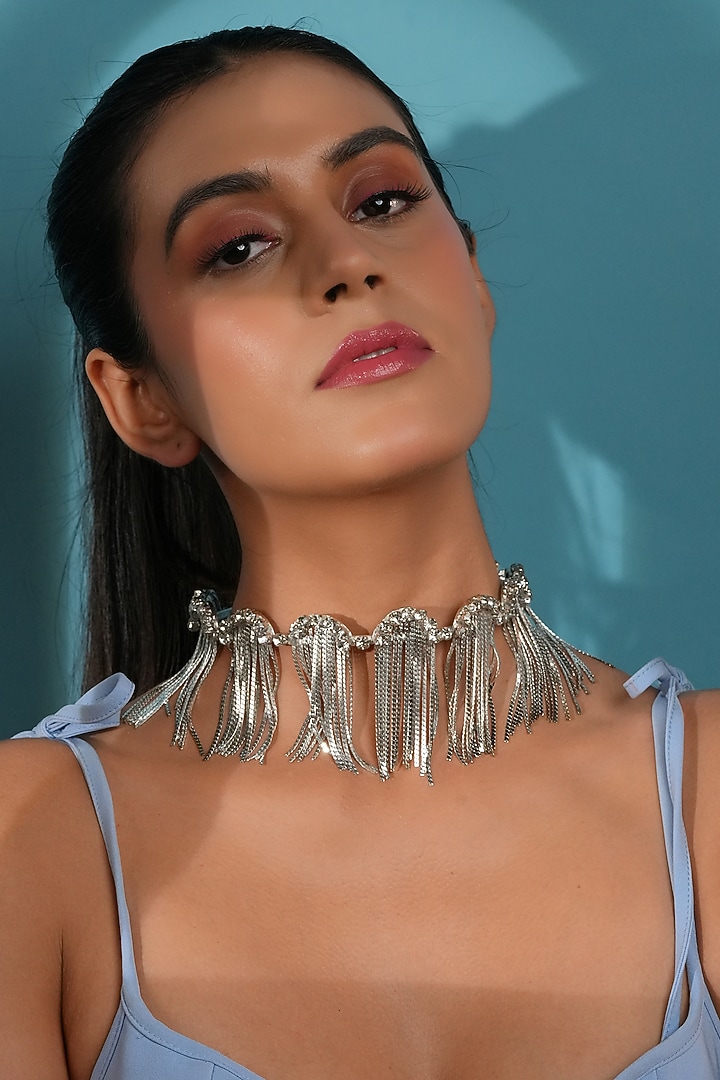 Silver Finish Crystal Choker Necklace by Bijoux By Priya Chandna at Pernia's Pop Up Shop