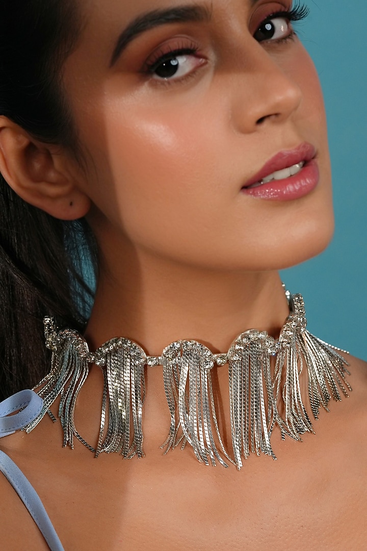Silver Finish Crystal Choker Necklace by Bijoux By Priya Chandna at Pernia's Pop Up Shop