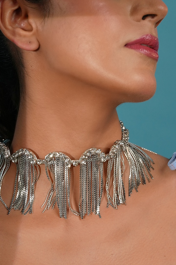 Silver Finish Crystal Choker Necklace by Bijoux By Priya Chandna at Pernia's Pop Up Shop
