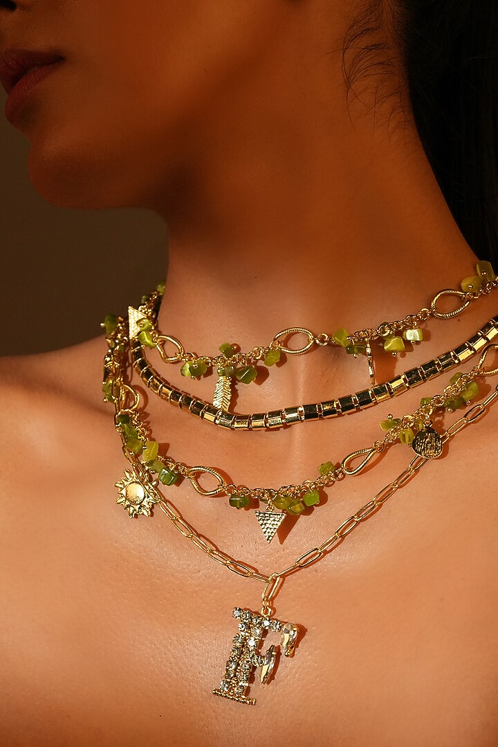 Gold Finish Crystal & Bead Initial Pendant Necklace by Bijoux By Priya Chandna at Pernia's Pop Up Shop