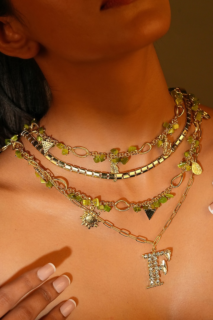 Gold Finish Crystal & Bead Initial Pendant Necklace by Bijoux By Priya Chandna at Pernia's Pop Up Shop