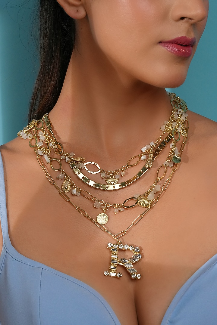 Gold Finish Crystal & Bead Initial Pendant Necklace by Bijoux By Priya Chandna at Pernia's Pop Up Shop