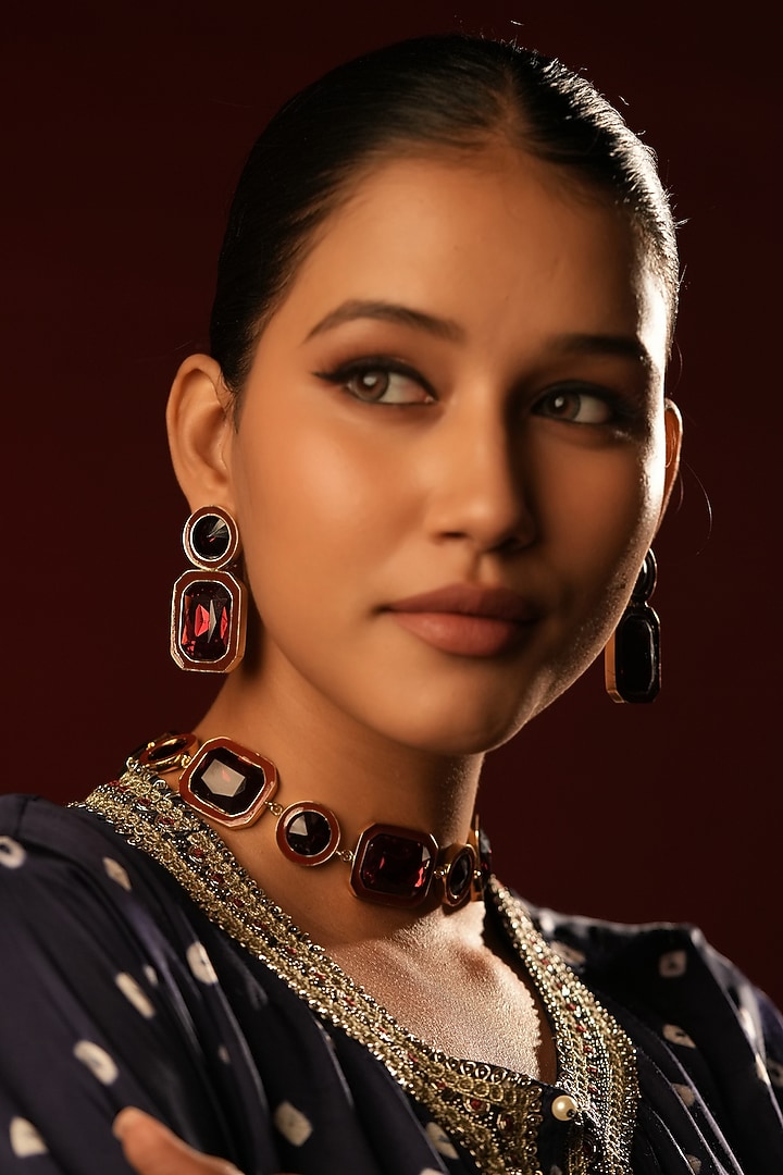 Gold Finish Deep Crimson Crystal Enameled Dangler Earrings by Bijoux By Priya Chandna at Pernia's Pop Up Shop