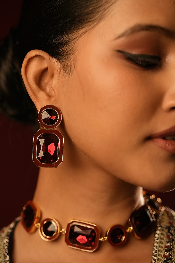 Gold Finish Deep Crimson Crystal Enameled Dangler Earrings by Bijoux By Priya Chandna at Pernia's Pop Up Shop