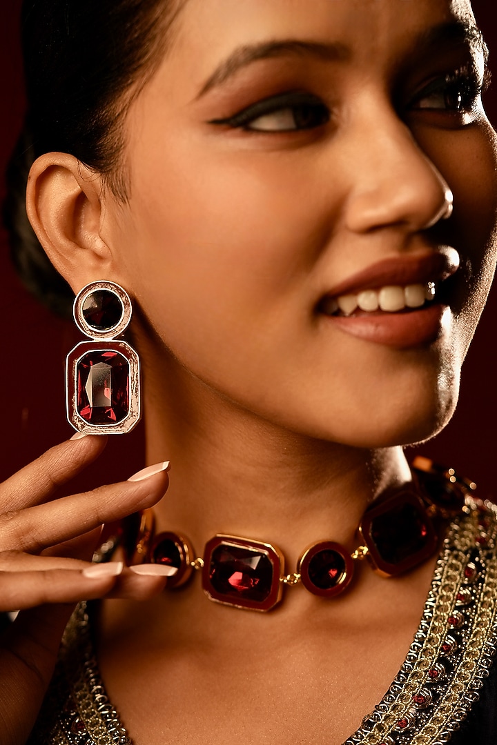 Gold Finish Deep Crimson Crystal Enameled Dangler Earrings by Bijoux By Priya Chandna at Pernia's Pop Up Shop