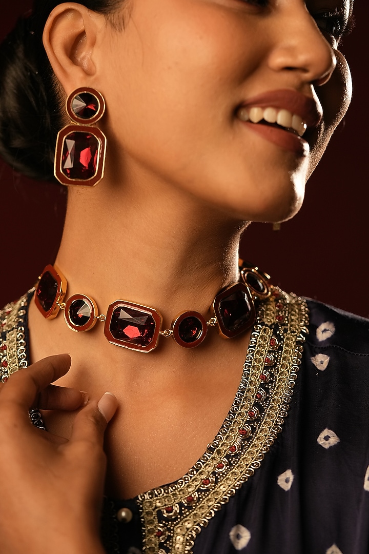 Gold Finish Deep Crimson Crystal Enameled Choker Necklace by Bijoux By Priya Chandna at Pernia's Pop Up Shop