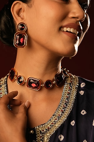Gold Finish Deep Crimson Crystal Enameled Choker Necklace by Bijoux By Priya Chandna