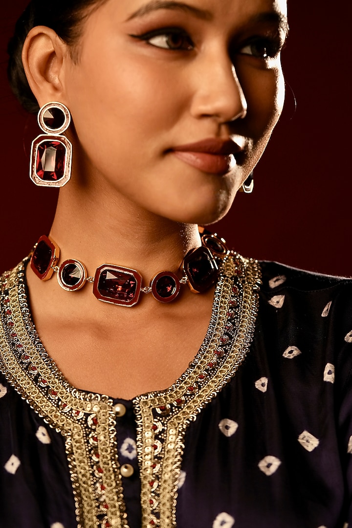 Gold Finish Deep Crimson Crystal Enameled Choker Necklace by Bijoux By Priya Chandna at Pernia's Pop Up Shop