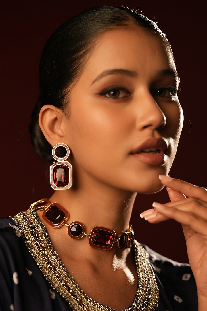 Gold Finish Deep Crimson Crystal Enameled Choker Necklace by Bijoux By Priya Chandna at Pernia's Pop Up Shop