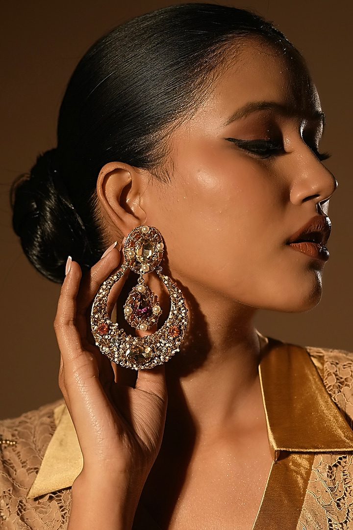 Gold Finish Crystal & Pearl Chandelier Earrings by Bijoux By Priya Chandna at Pernia's Pop Up Shop