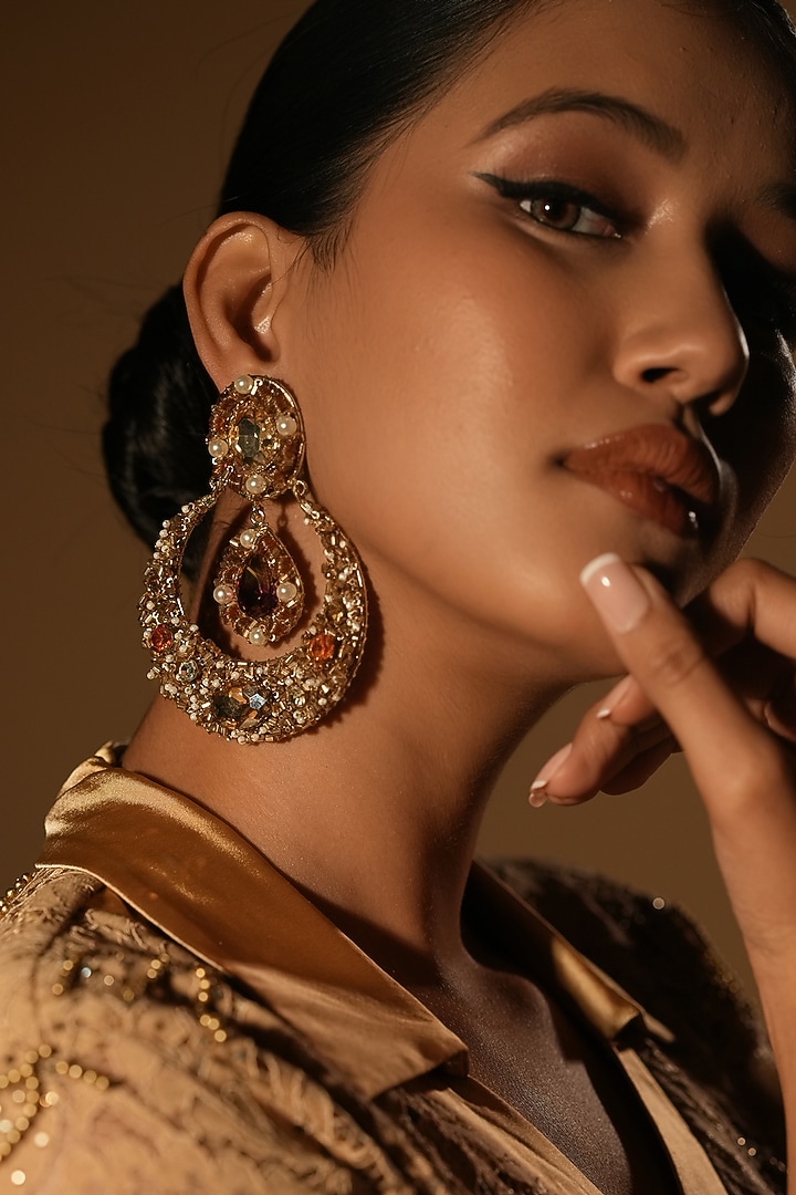 Gold Finish Crystal & Pearl Chandelier Earrings by Bijoux By Priya Chandna at Pernia's Pop Up Shop