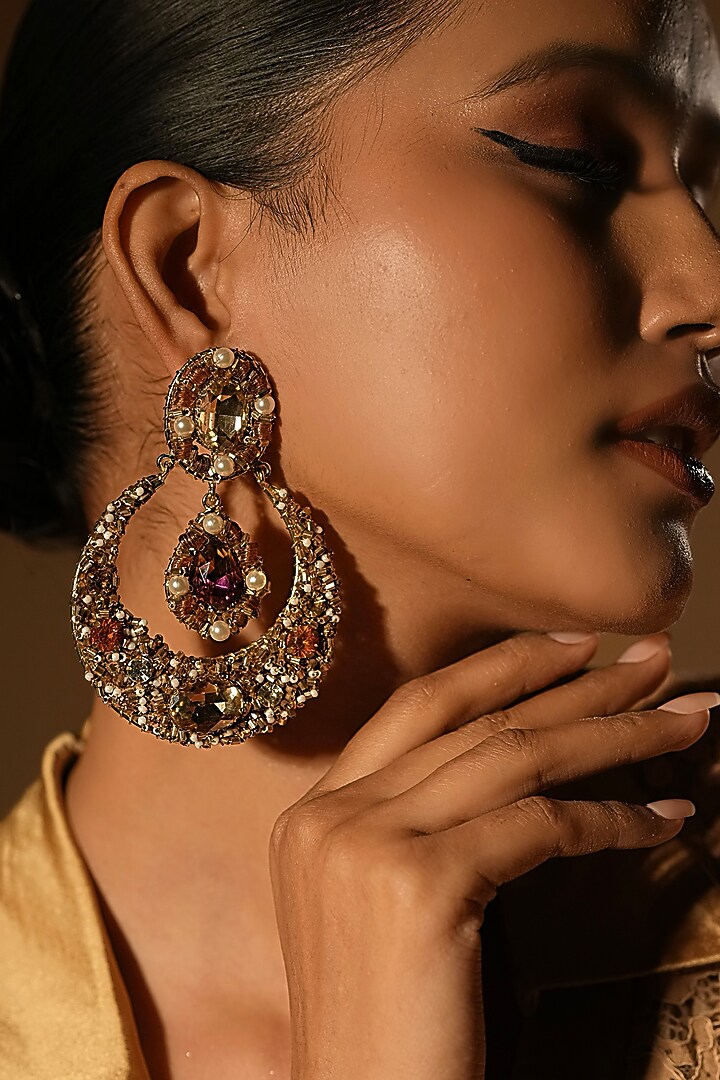 Gold Finish Crystal & Pearl Chandelier Earrings by Bijoux By Priya Chandna at Pernia's Pop Up Shop