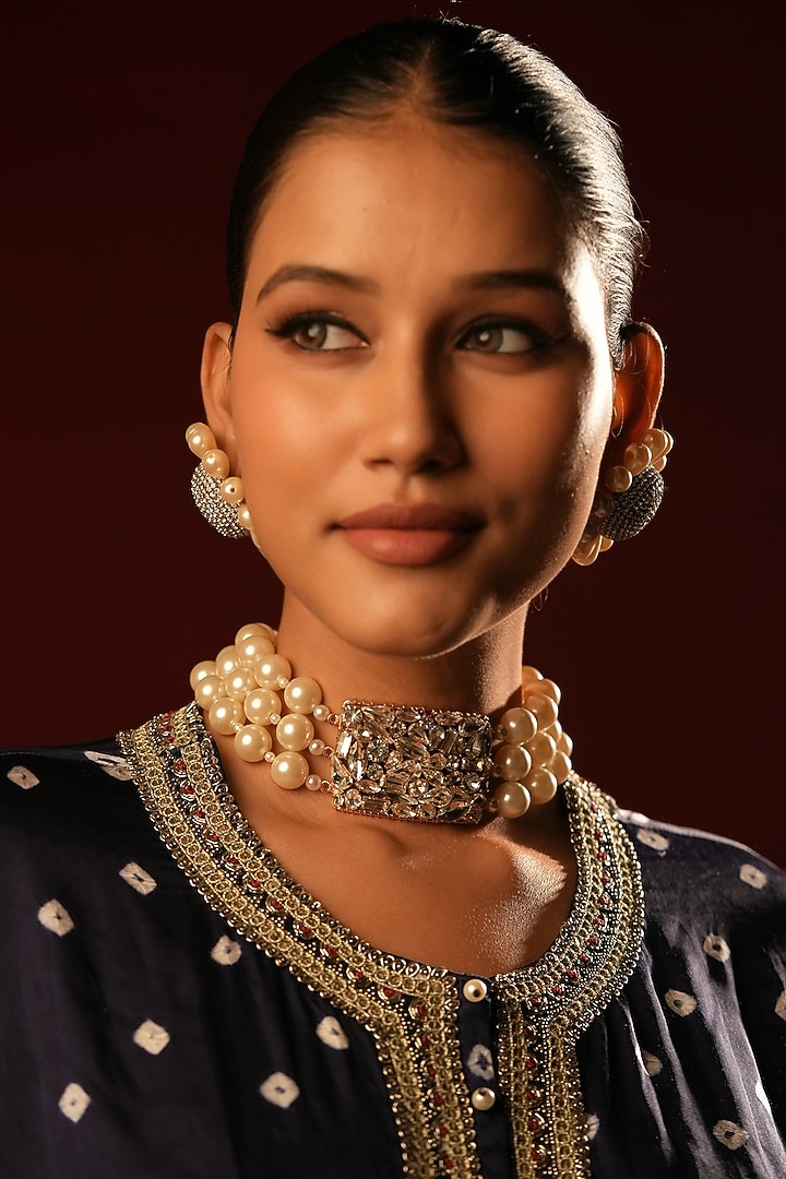 Gold Finish Crystal & Pearl Choker Necklace by Bijoux By Priya Chandna at Pernia's Pop Up Shop