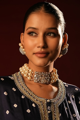 Gold Finish Crystal & Pearl Choker Necklace by Bijoux By Priya Chandna