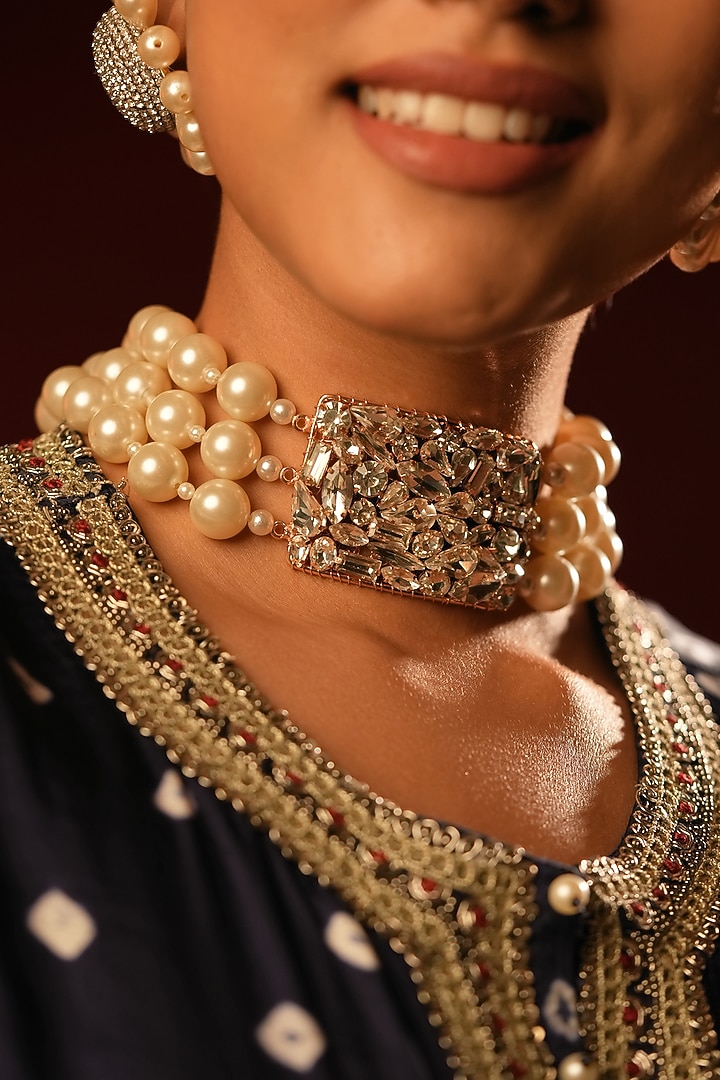 Gold Finish Crystal & Pearl Choker Necklace by Bijoux By Priya Chandna at Pernia's Pop Up Shop