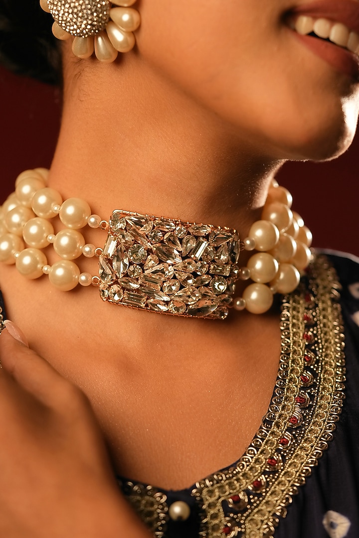 Gold Finish Crystal & Pearl Choker Necklace by Bijoux By Priya Chandna at Pernia's Pop Up Shop