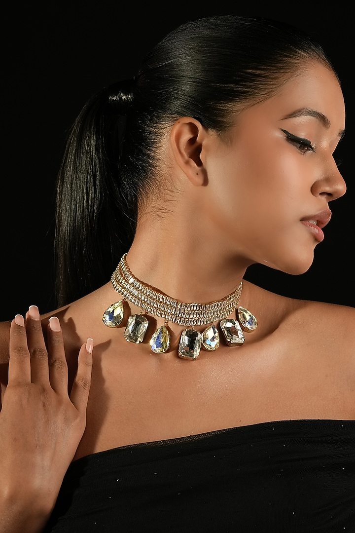 Gold Finish Crystal Collar Necklace by Bijoux By Priya Chandna at Pernia's Pop Up Shop