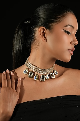 Gold Finish Crystal Collar Necklace by Bijoux By Priya Chandna