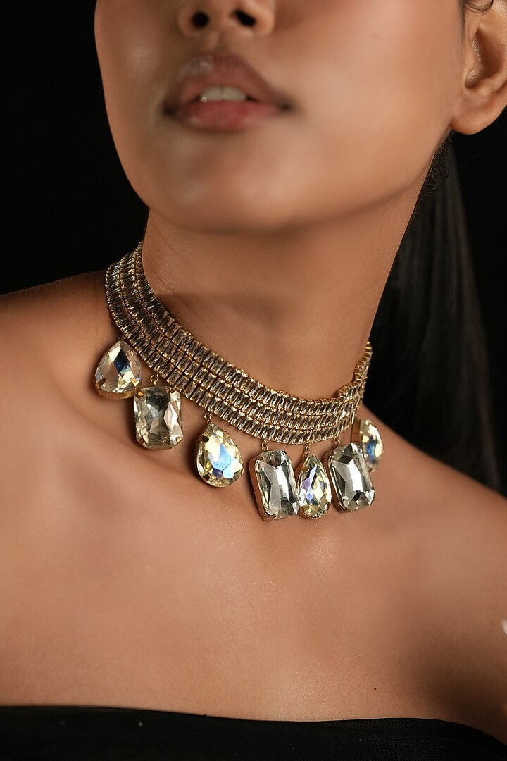 Gold Finish Crystal Collar Necklace by Bijoux By Priya Chandna at Pernia's Pop Up Shop