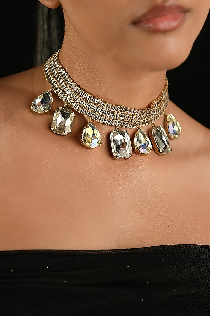 Gold Finish Crystal Collar Necklace by Bijoux By Priya Chandna at Pernia's Pop Up Shop