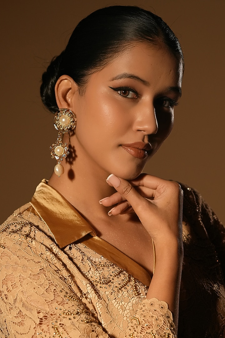 Gold Finish Crystal & Pearl Dangler Earrings by Bijoux By Priya Chandna at Pernia's Pop Up Shop