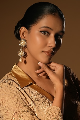 Gold Finish Crystal & Pearl Dangler Earrings by Bijoux By Priya Chandna