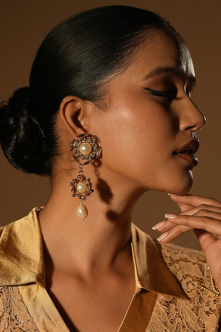 Gold Finish Crystal & Pearl Dangler Earrings by Bijoux By Priya Chandna at Pernia's Pop Up Shop