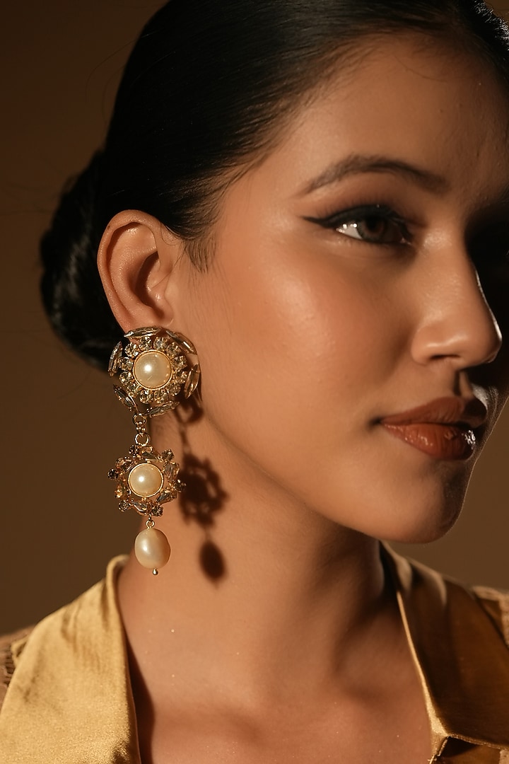 Gold Finish Crystal & Pearl Dangler Earrings by Bijoux By Priya Chandna at Pernia's Pop Up Shop