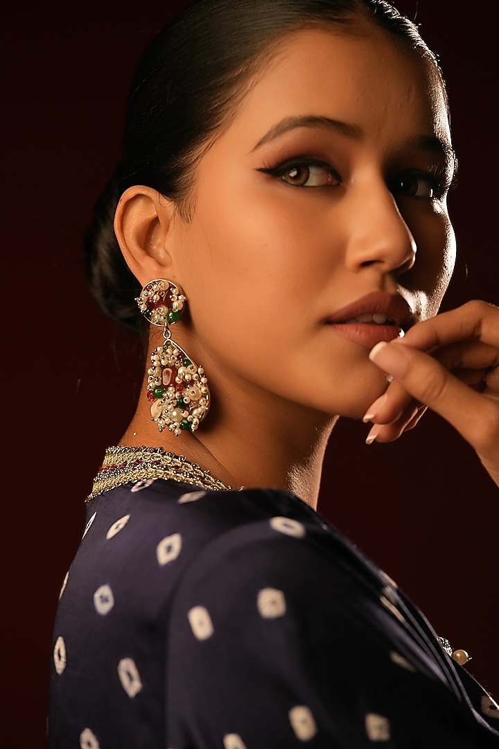 Gold Finish Crystal & Pearl Dangler Earrings by Bijoux By Priya Chandna at Pernia's Pop Up Shop