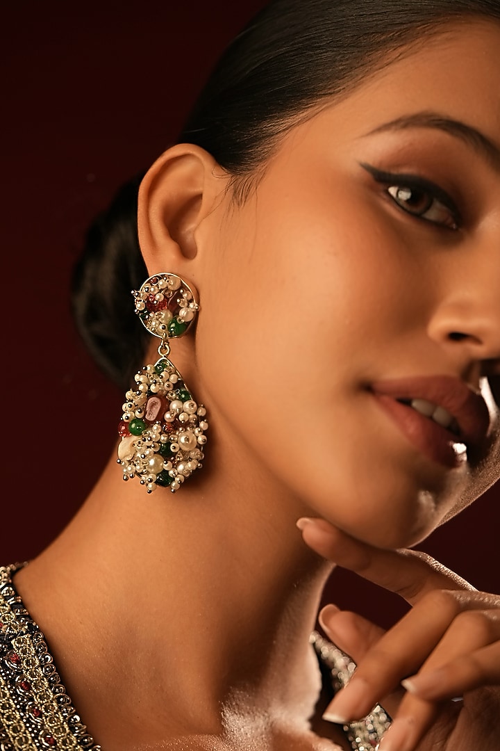 Gold Finish Crystal & Pearl Dangler Earrings by Bijoux By Priya Chandna at Pernia's Pop Up Shop