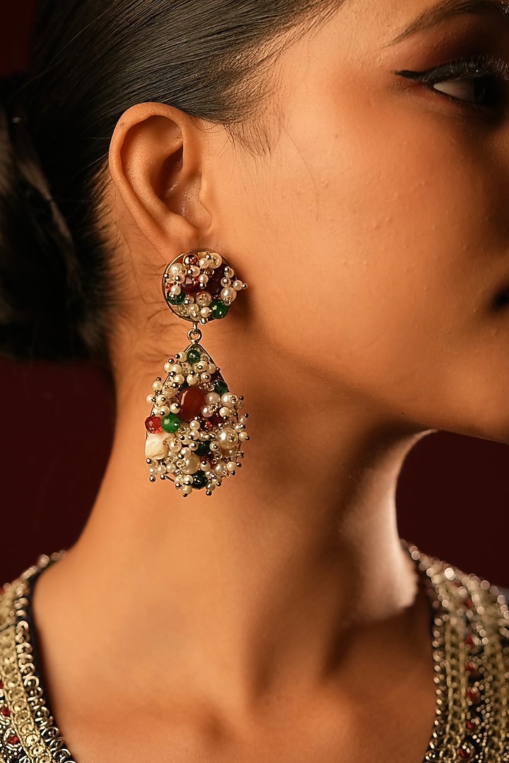 Gold Finish Crystal & Pearl Dangler Earrings by Bijoux By Priya Chandna at Pernia's Pop Up Shop